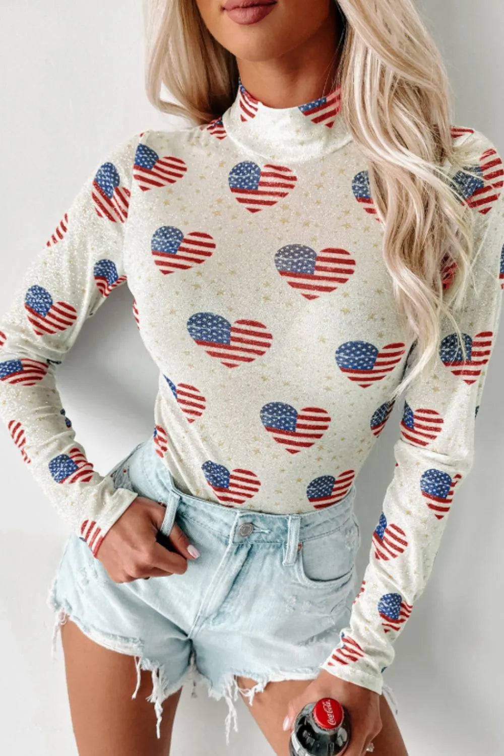 Trendsi US Flag Heart Mock Neck Long Sleeve Bodysuit White
