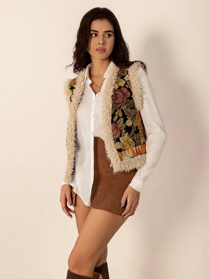 Embroidered Fuzzy Trim Open Front Vest Coat Easy Apparels
