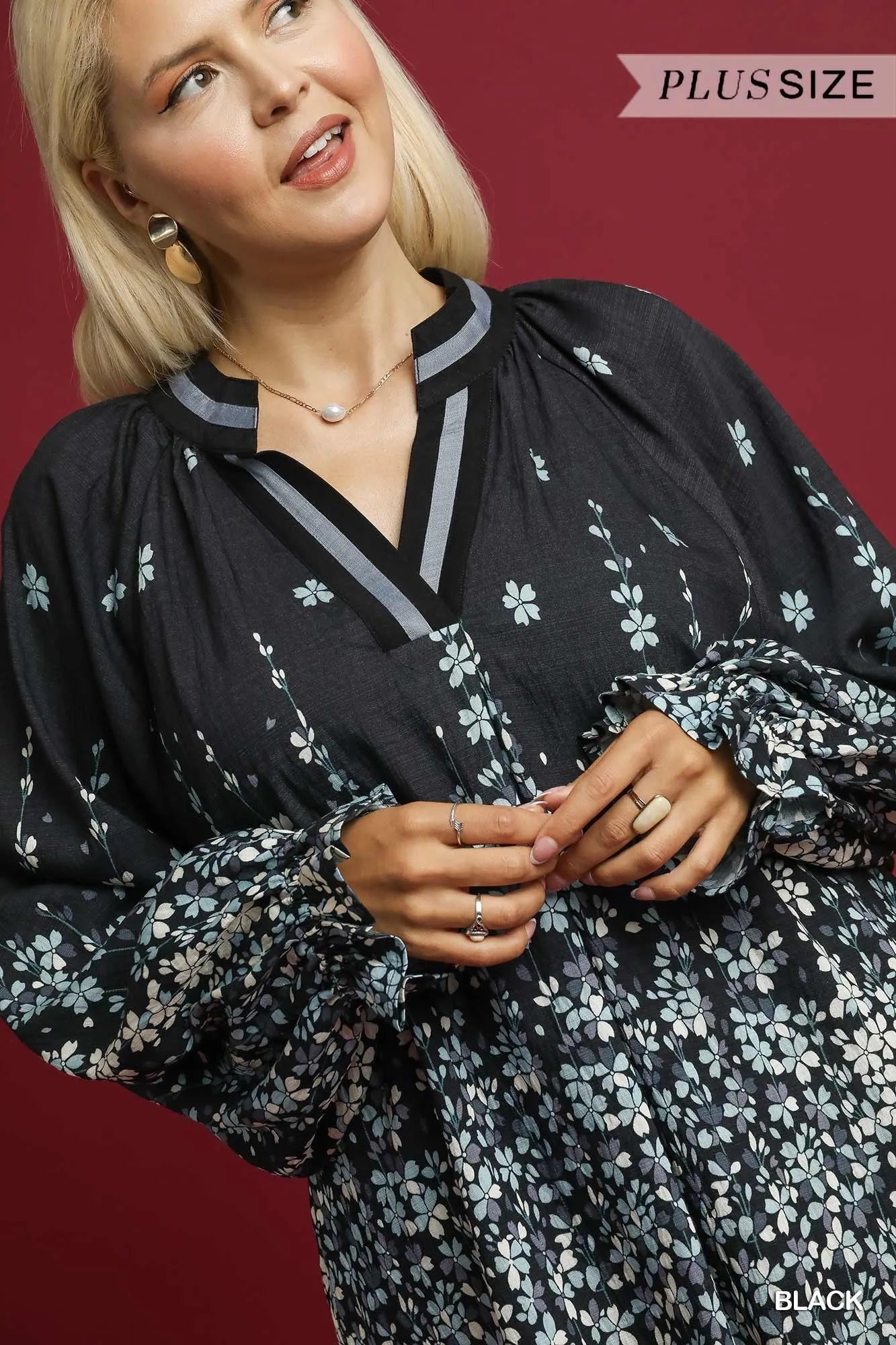 Trendsi Umgee Full Size Floral Vine Print Blouse with Balloon Sleeves Plus Size