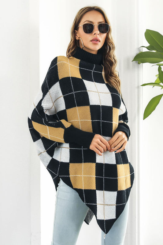 Plaid Turtleneck Dolman Sleeve Poncho Plaid Easy Apparels