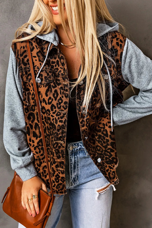 Leopard Distressed Drawstring Hooded Denim Jacket Leopard Easy Apparels