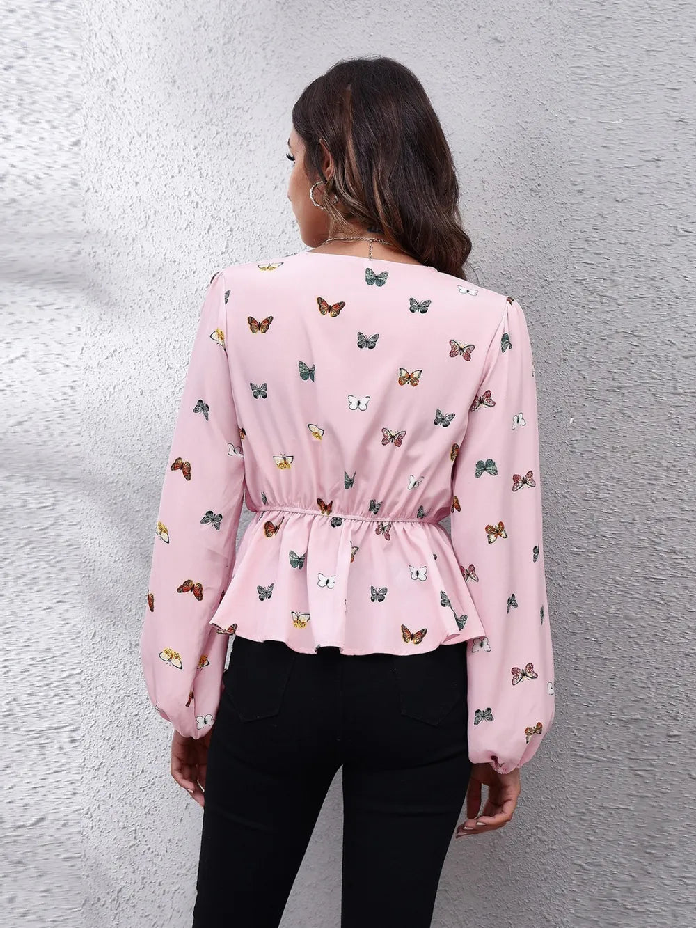 Trendsi Butterfly V-Neck Balloon Sleeve Peplum Blouse