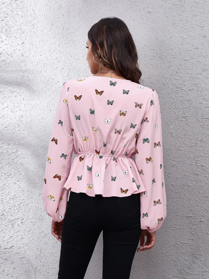 Trendsi Butterfly V-Neck Balloon Sleeve Peplum Blouse