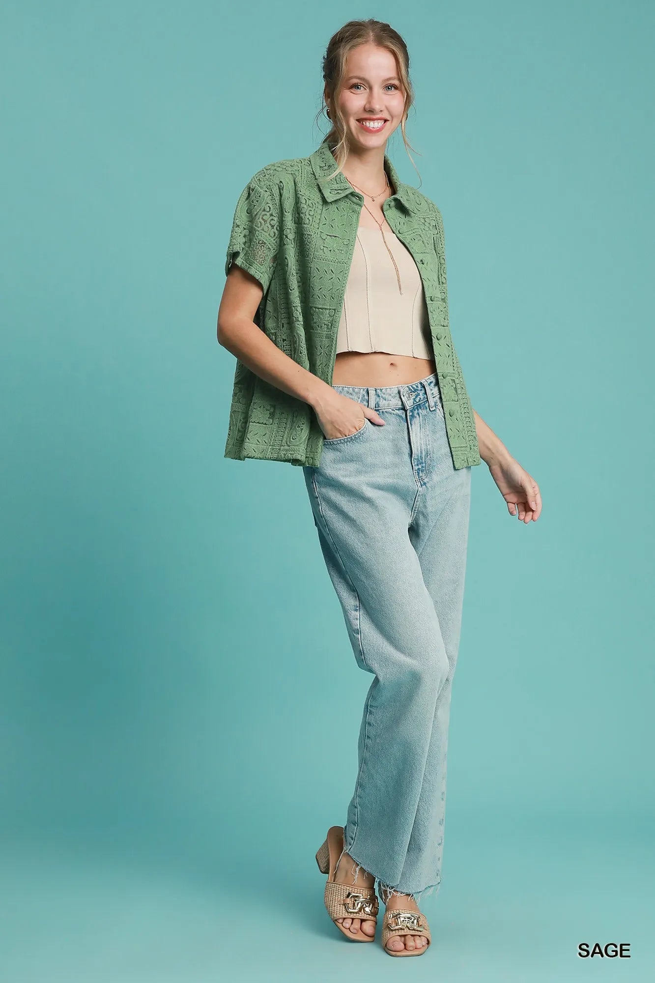 Trendsi Umgee Patch Lace Short Sleeve Button Down Shirt