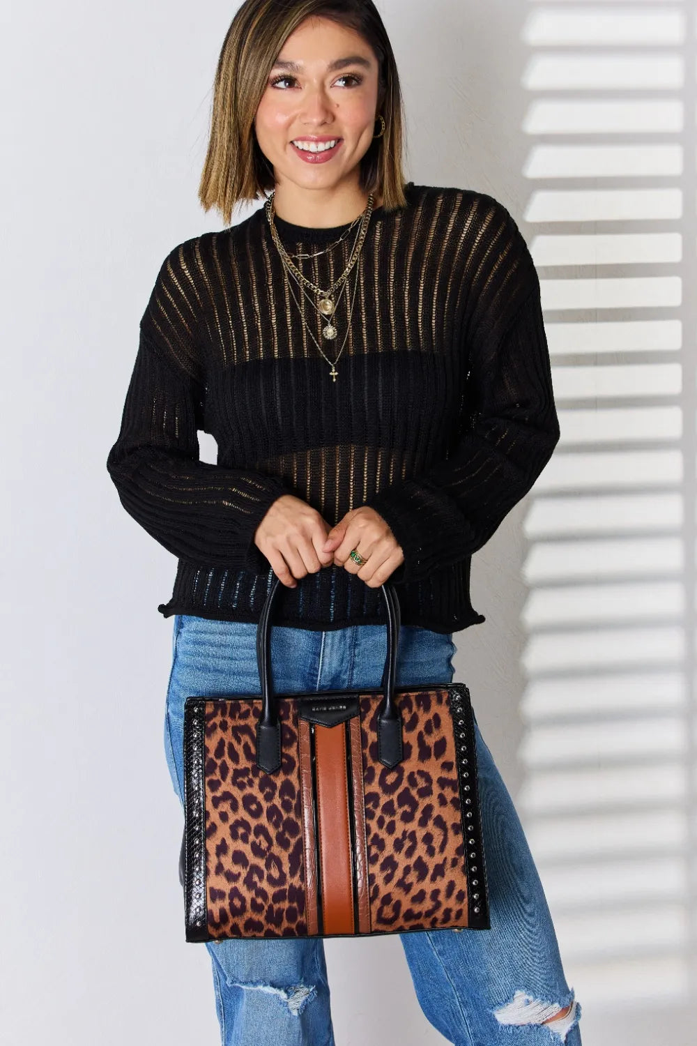 David Jones Leopard Contrast Rivet Handbag Easy Apparels