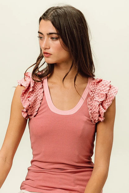 Trendsi BiBi Rib Knit With Textured Ruffled Top DUSTY ROSE