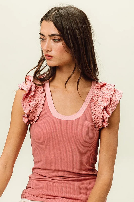 Trendsi BiBi Rib Knit With Textured Ruffled Top DUSTY ROSE