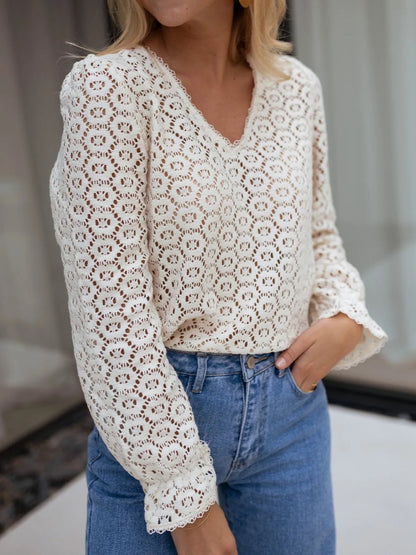 Trendsi Crochet Lace V-Neck Long Sleeve Blouse