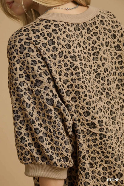Trendsi Umgee Leopard Knit Jacquard Puff Sleeve Sweatshirt