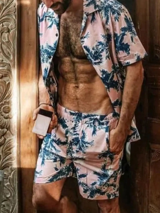 Men's Full Size Tropical Print Hawaiian Style Top and Shorts Set Plus Size Pink Easy Apparels