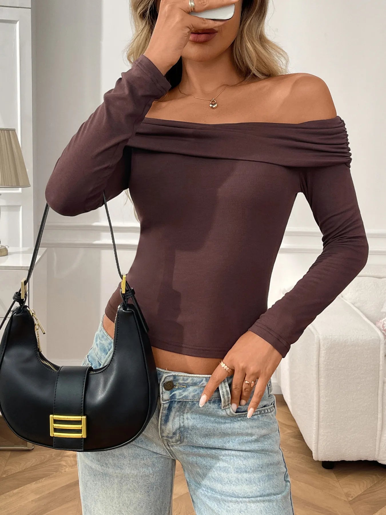Trendsi Off-Shoulder Long Sleeve Fitted T-Shirt