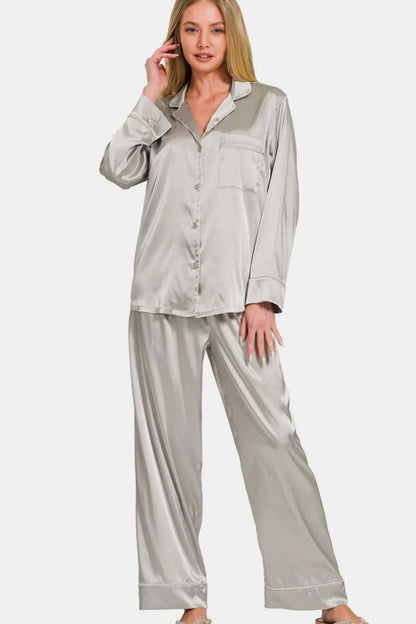 Zenana Satin Long Sleeve Shirt and Pants Pajama Set Easy Apparels
