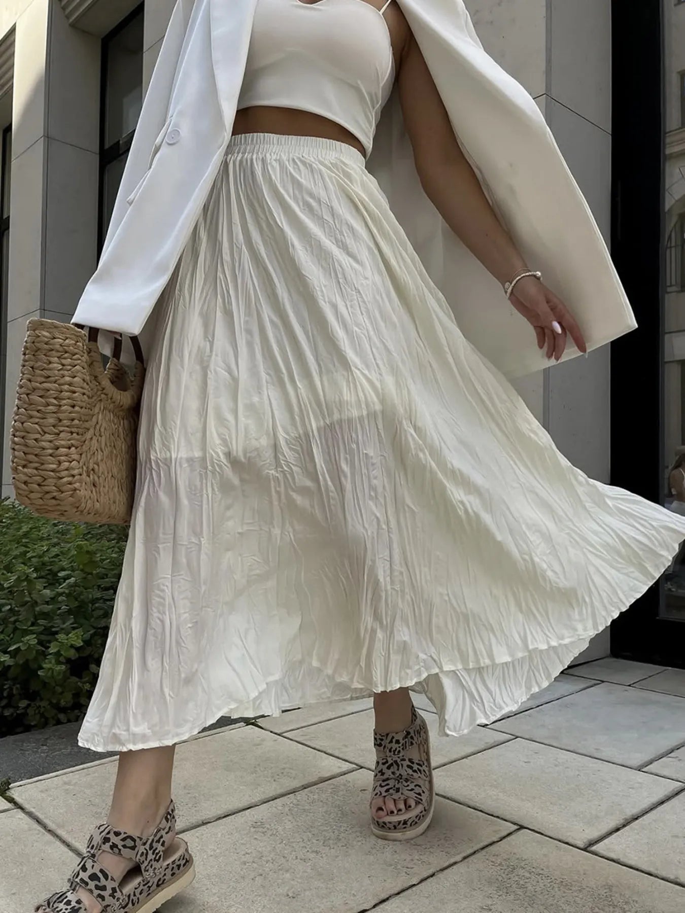 Ruched Elastic Waist Skirt Ivory One Size Easy Apparels
