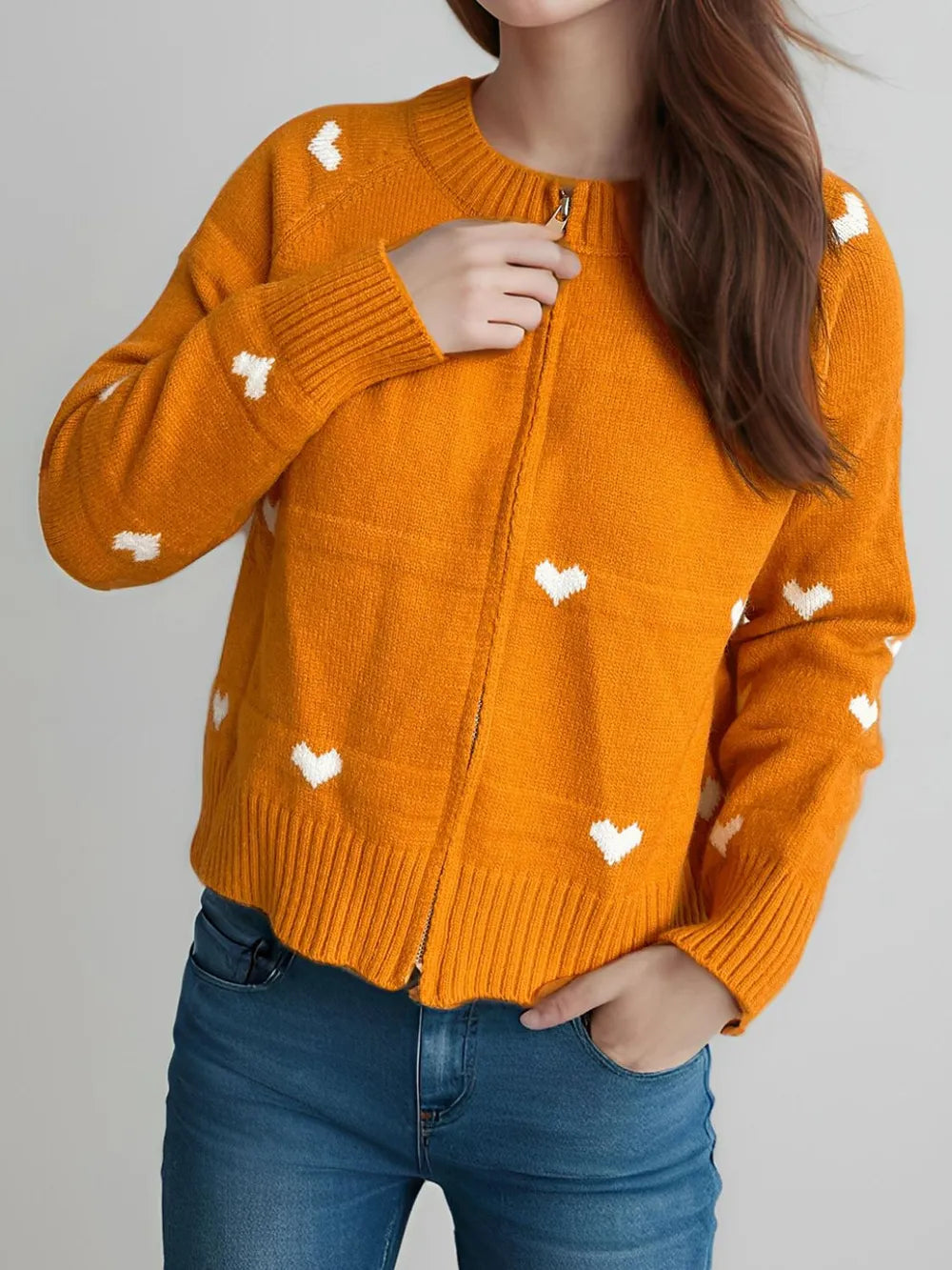 Heart Round Neck Zip Up Cardigan Easy Apparels