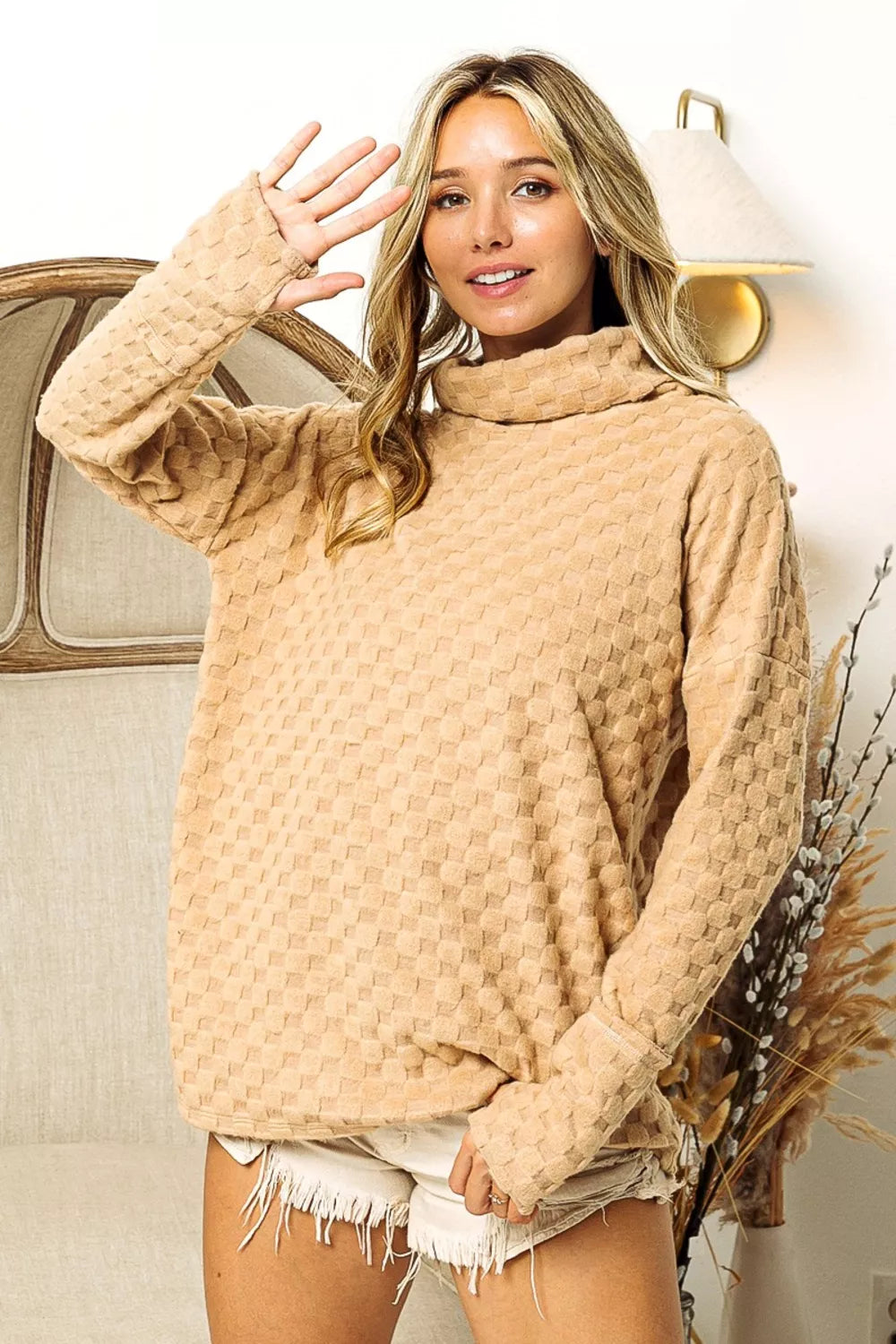 Trendsi BiBi Checkered Round Neck Thumbhole Long Sleeve Top