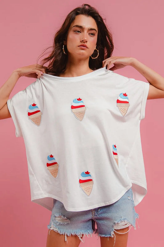 Trendsi BiBi Solid Terry With Fourth Of July Theme Patched Top IVORY