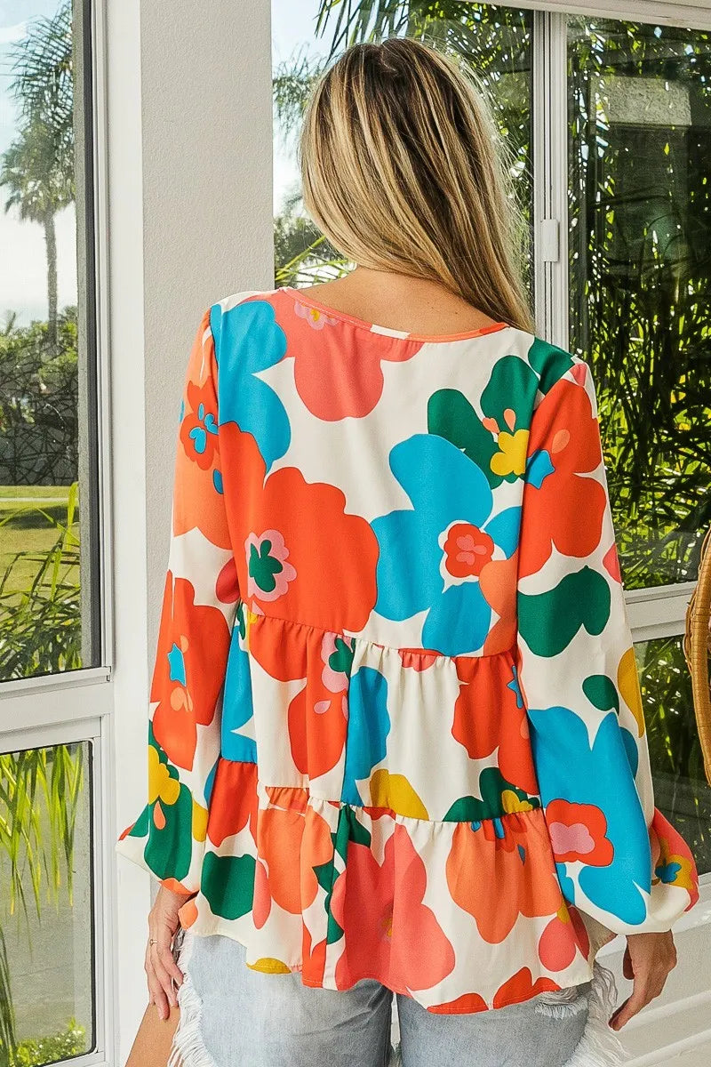 Trendsi BiBi Floral Woven Tiered V Neck Top