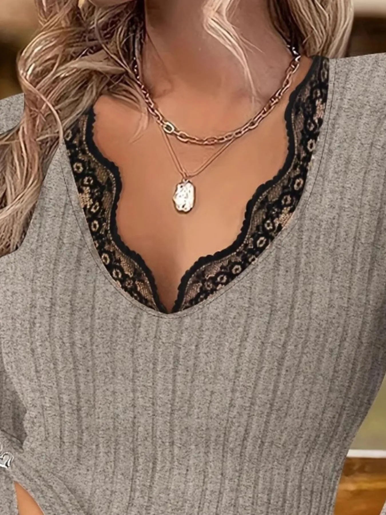 Trendsi Full Size Ribbed V-Neck Lace Trim Long Sleeve T-Shirt Plus Size
