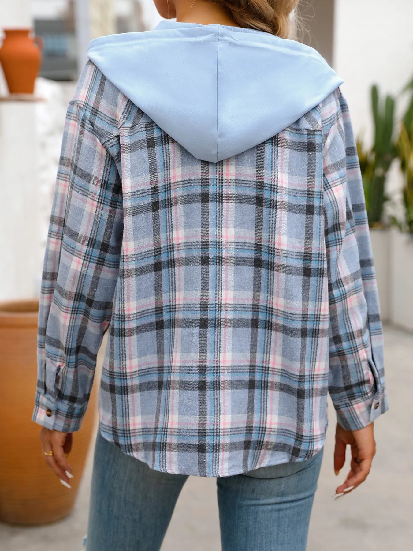 Trendsi Plaid Button-Up Hooded Shirt