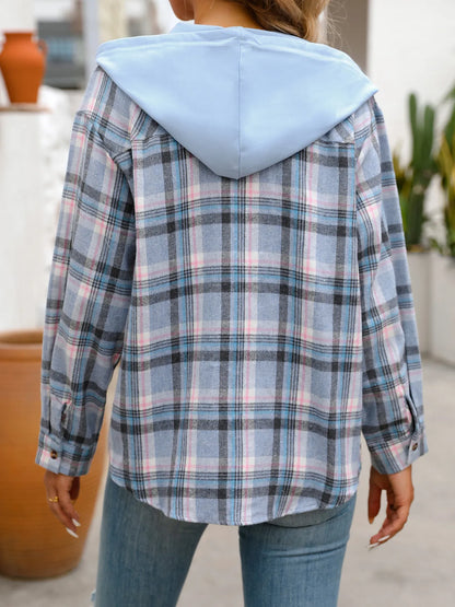 Trendsi Plaid Button-Up Hooded Shirt