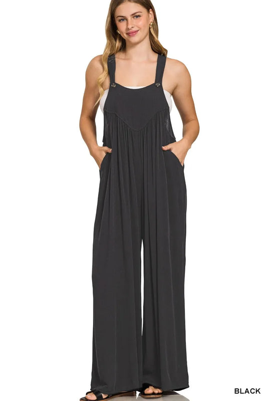 Zenana Woven Rayon Crepe Wide Leg Overalls BLACK Easy Apparels