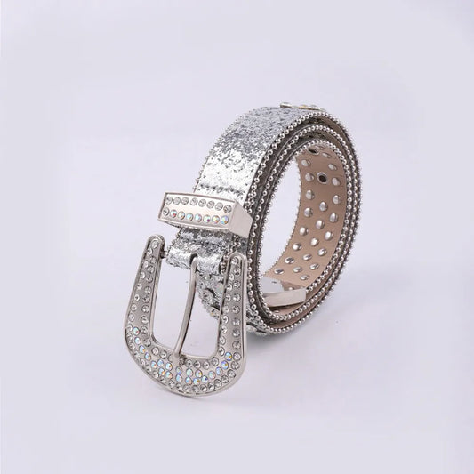 PU Leather Rhinestone Belt Silver Easy Apparels