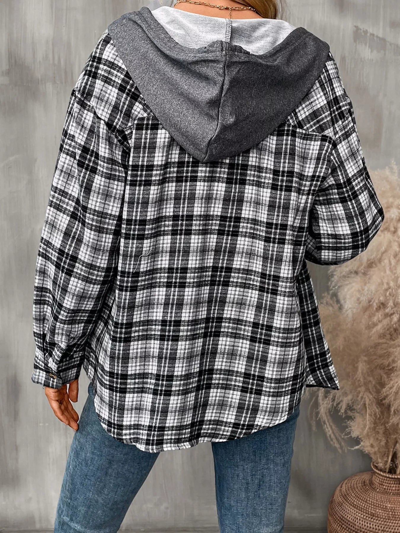 Trendsi Plaid Button-Up Hooded Shirt