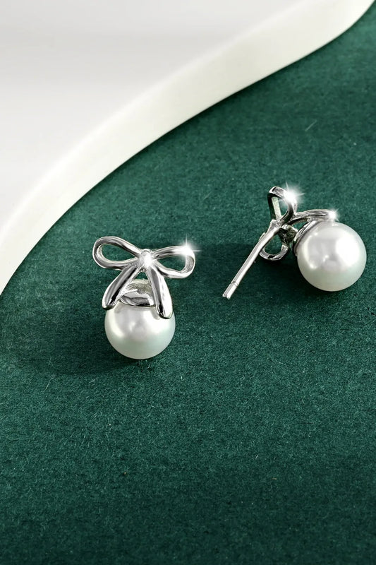 925 Sterling Silver Pearl Bow Earrings Silver One Size Easy Apparels