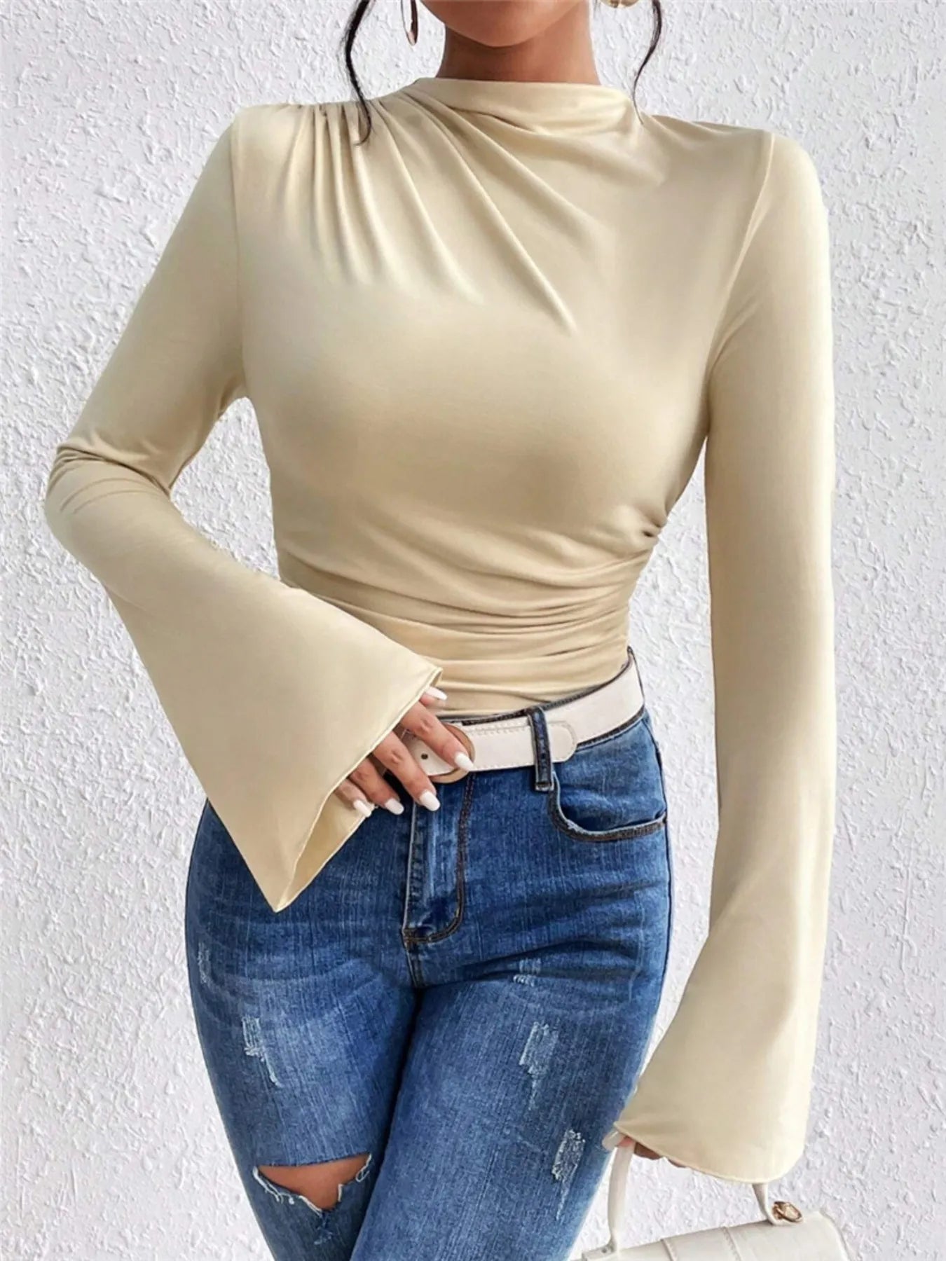 Trendsi Bell Sleeve Ruched Fitted T-Shirt with Mock Neck