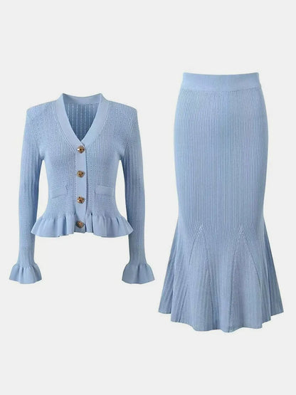 Ruffled V-Neck Top and Midi Skirt Sweater Set Easy Apparels