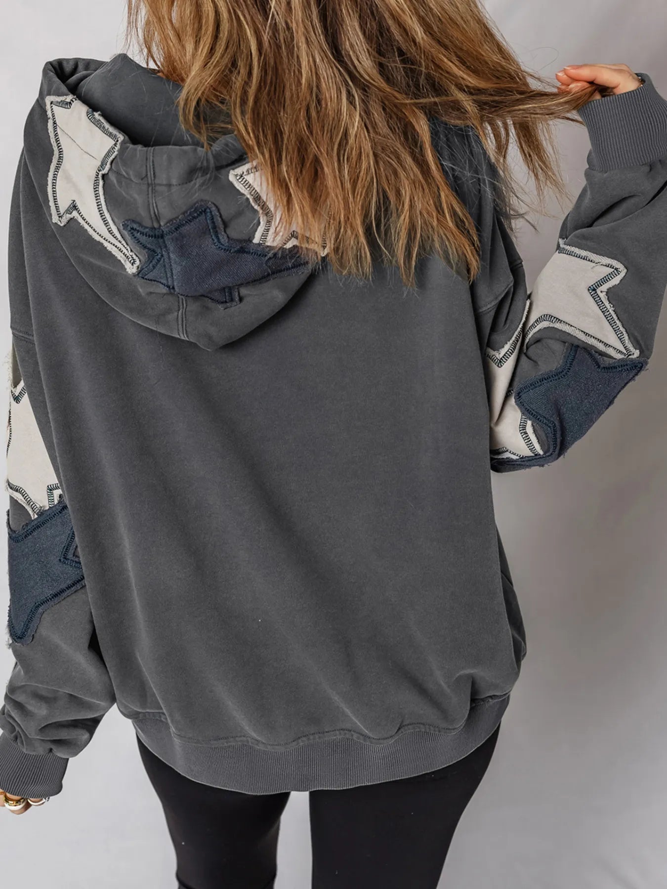 Trendsi Star Patchwork Contrast Stitching Mineral Wash Kangaroo Pocket Hoodie