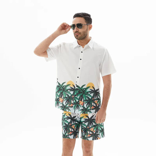Men's Full Size Printed Short Sleeve Shirt and Shorts Set Plus Size White Easy Apparels