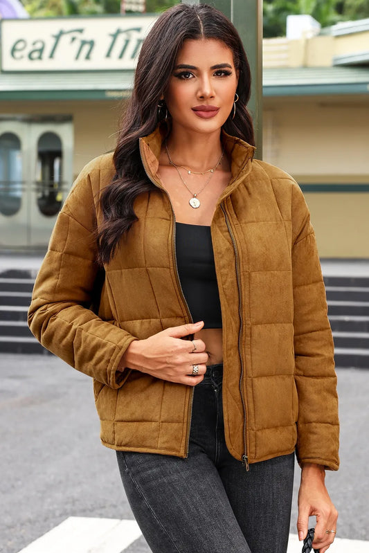 Zip Up Pocketed Long Sleeve Coat Ochre Easy Apparels