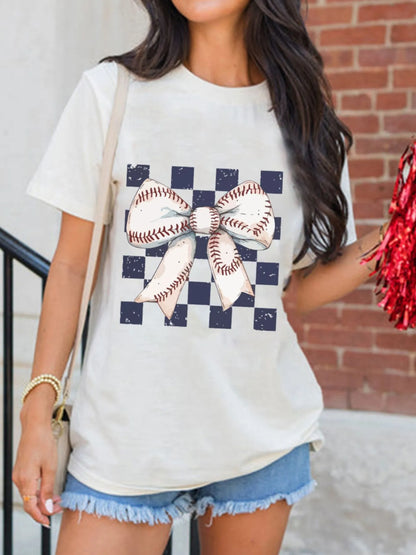 Trendsi Checkered Bowknot Graphic Crew Neck T Shirt