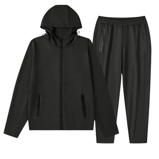 Men's Plus Size Drawstring Zip Up Hooded Top and Pants Set Black Easy Apparels