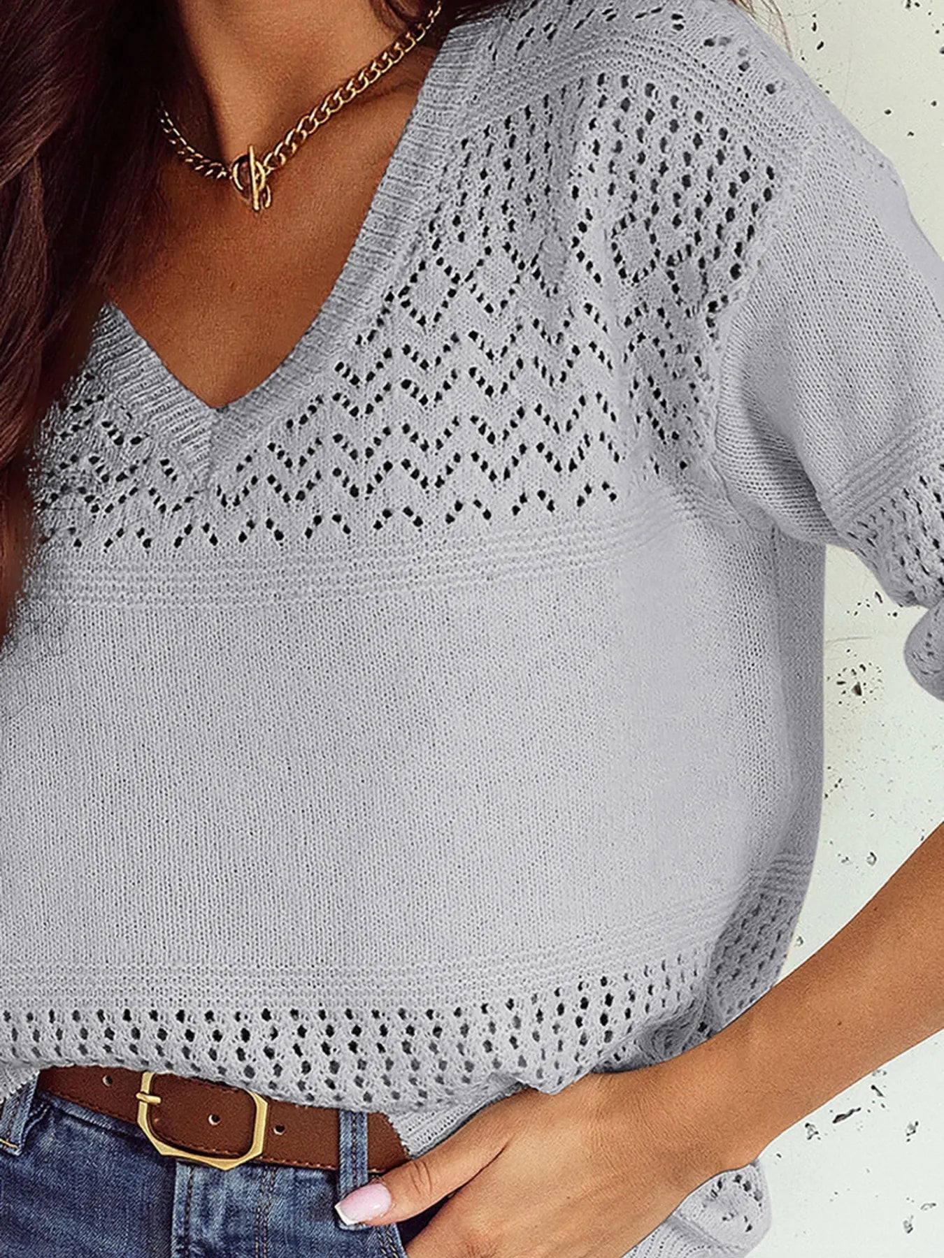Trendsi Eyelet Deatil V-Neck Long Sleeve Sweater