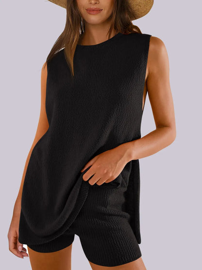 Side Slit Round Neck Tank and Ribbed Shorts Sweater Set Black Easy Apparels
