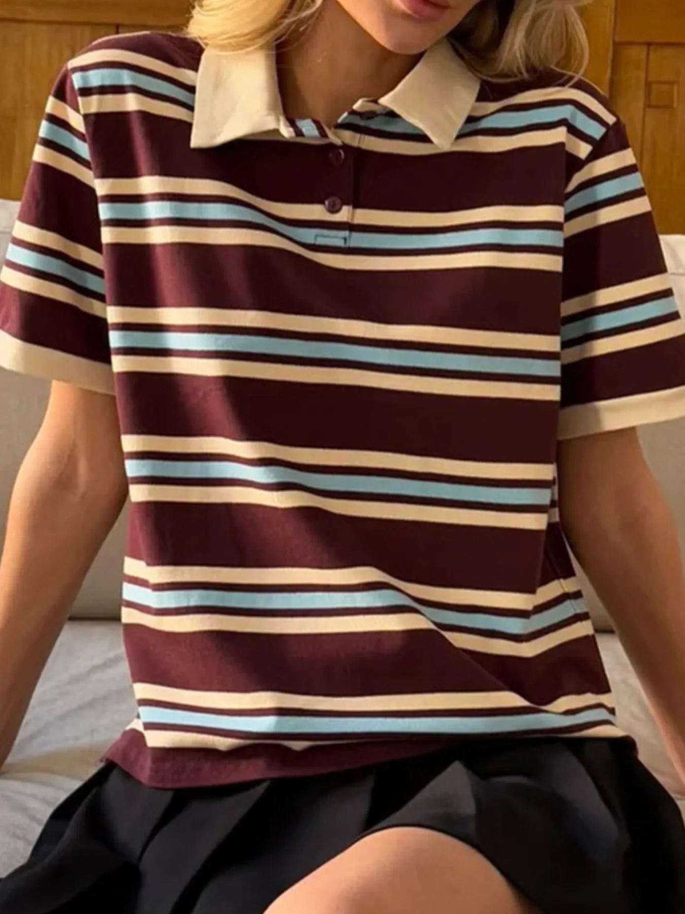 Trendsi Striped Polo T-Shirt with Contrast Collar