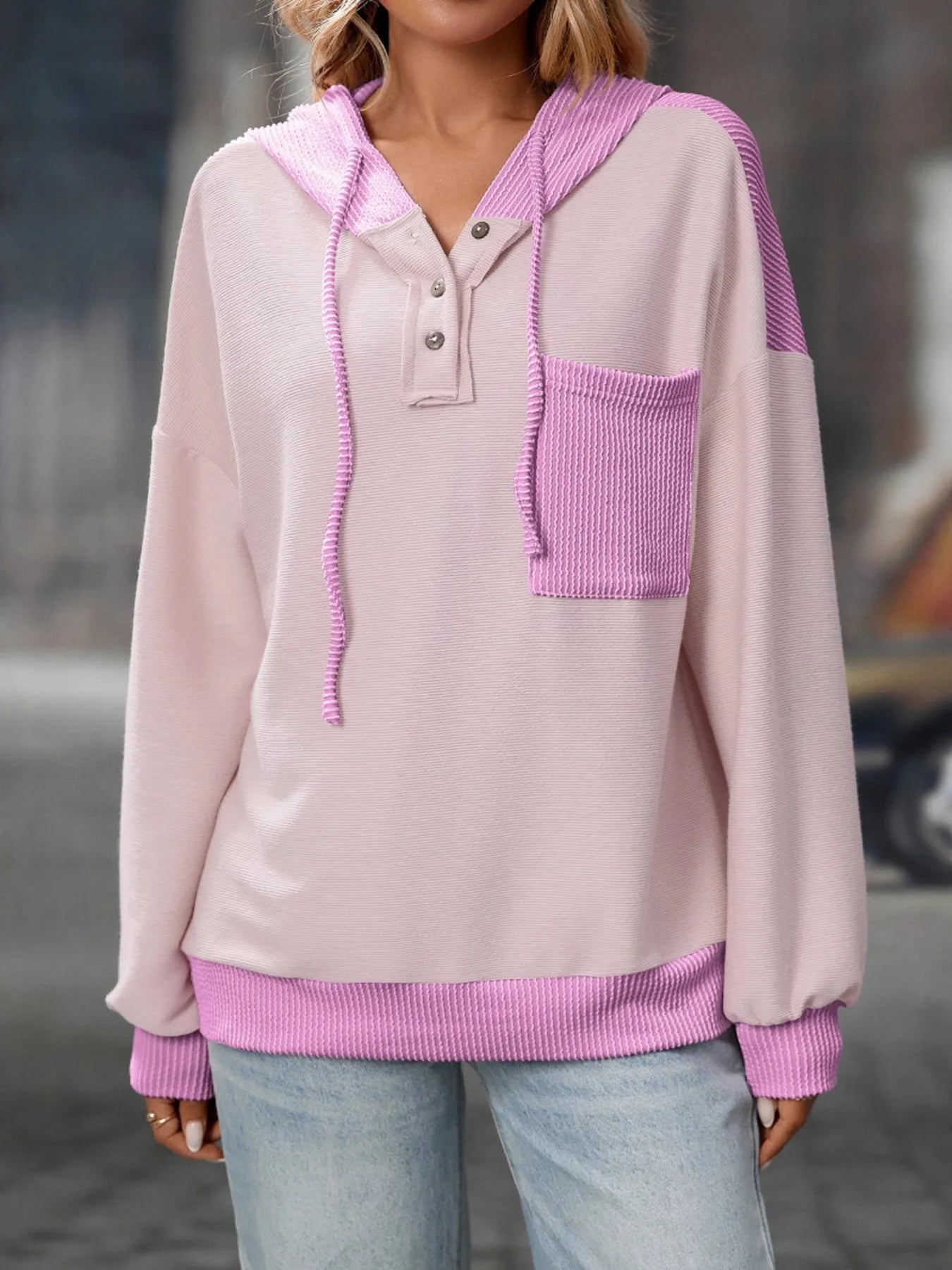 Trendsi Drawstring Button Detail Long Sleeve Hoodie