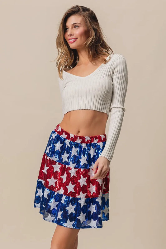BiBi American Flag Theme Star Sequin Tiered Skirt Easy Apparels