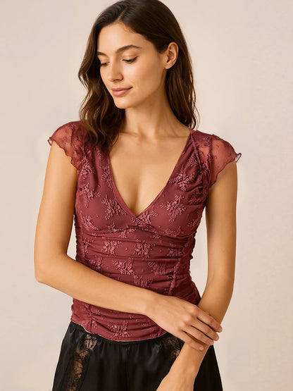 Trendsi Lace Cap Sleeve Ruched T-Shirt Red