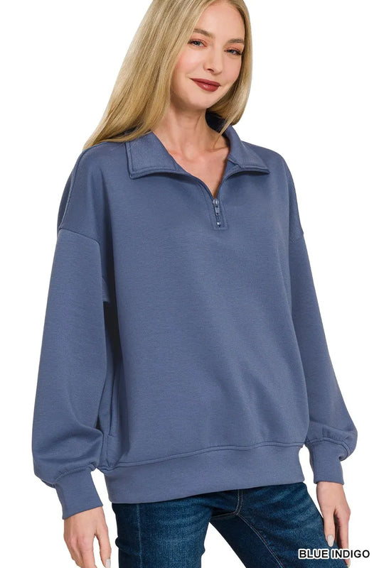 Trendsi Zenana Scuba Quarter-Zip Sweatshirt BLUE INDIGO