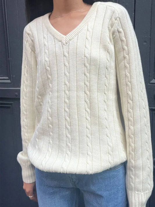 Trendsi Cable Knit V-Neck Pullover Sweater White