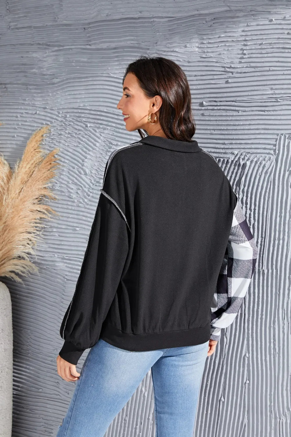Trendsi Plaid Exposed Seam Long Sleeve Blouse