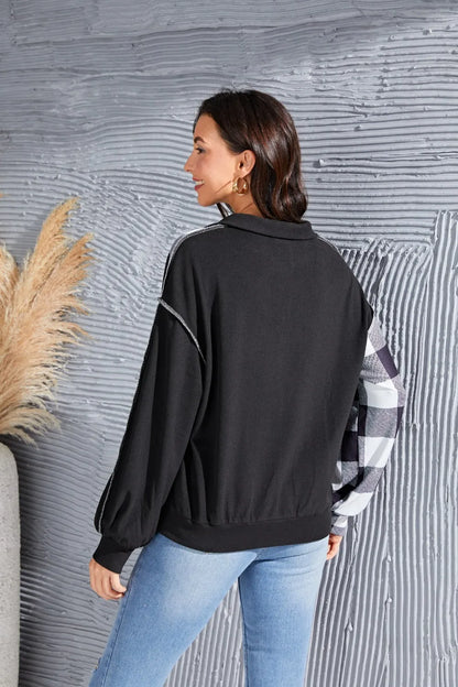 Trendsi Plaid Exposed Seam Long Sleeve Blouse