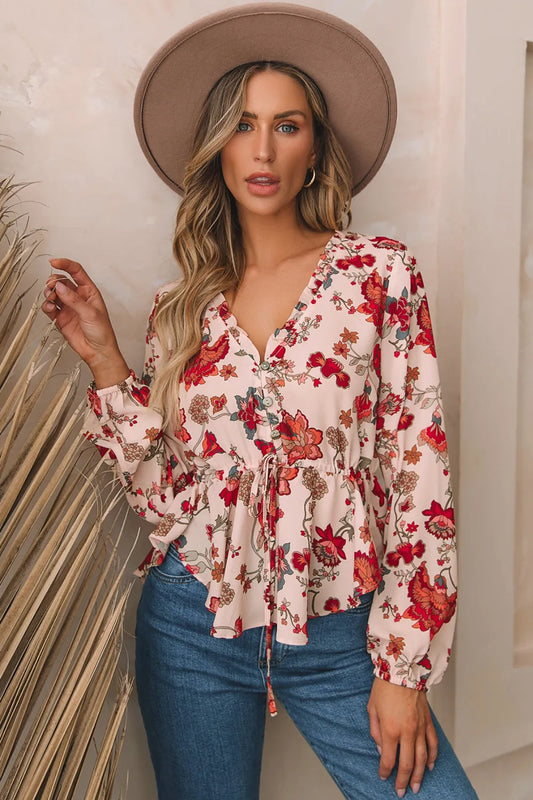 Trendsi Floral V-Neck Drawstring Peplum Blouse Multicolor