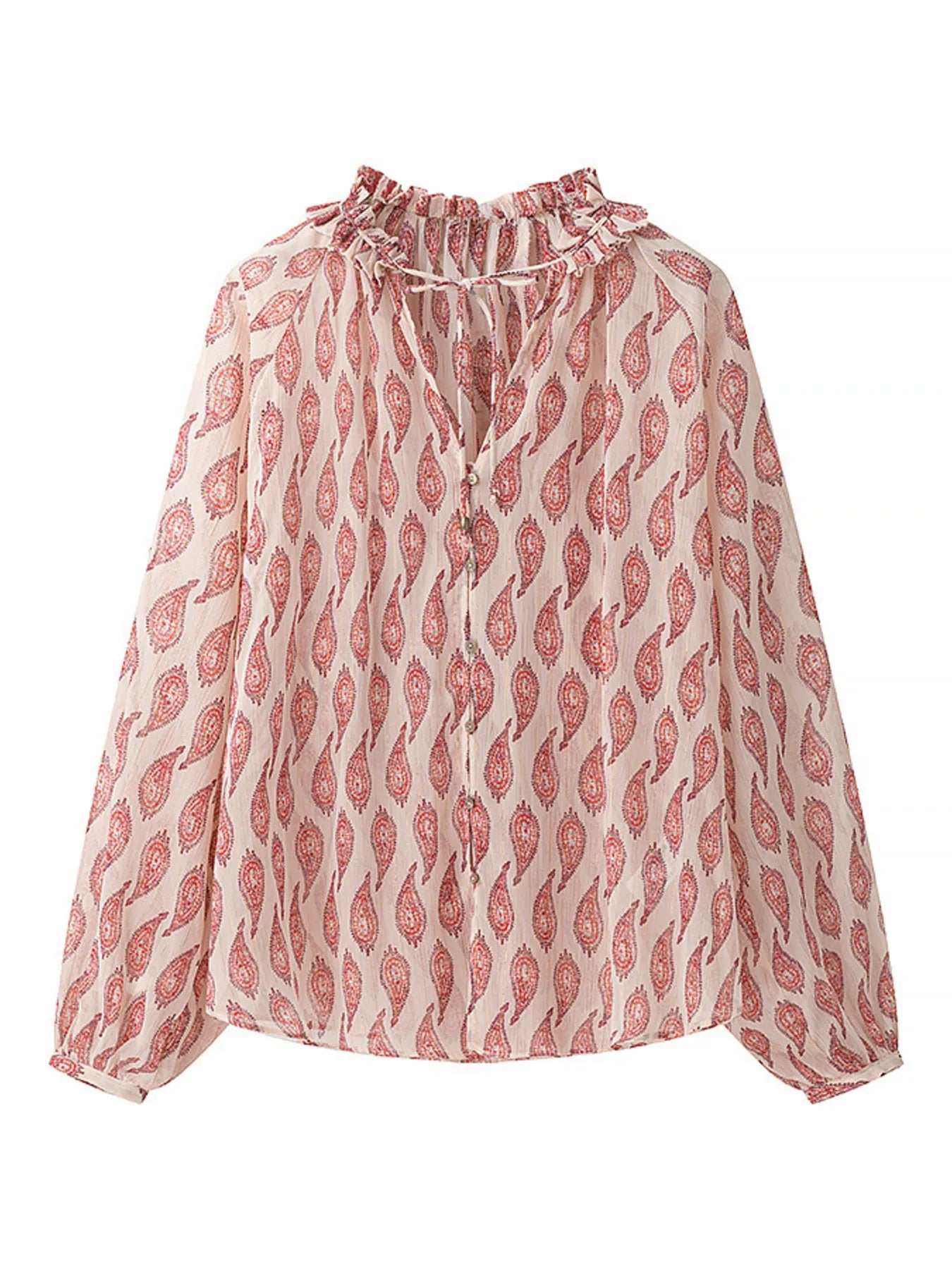 Trendsi Paisley Print Frill Tie Neck Long Sleeve Blouse Burnt Coral