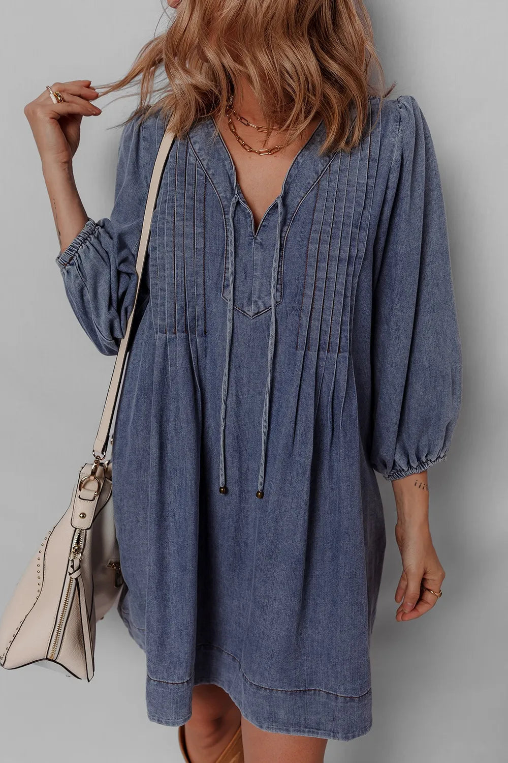 Tie Neck Long Sleeve Mini Denim Dress Easy Apparels