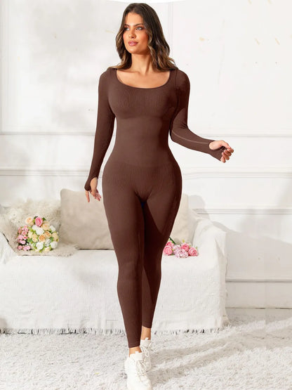Scoop Neck Long Sleeve Active Jumpsuit Easy Apparels