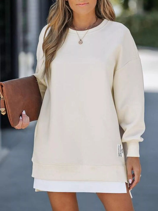 Side Slit Round Neck Long Sleeve Sweatshirt Apricot Easy Apparels